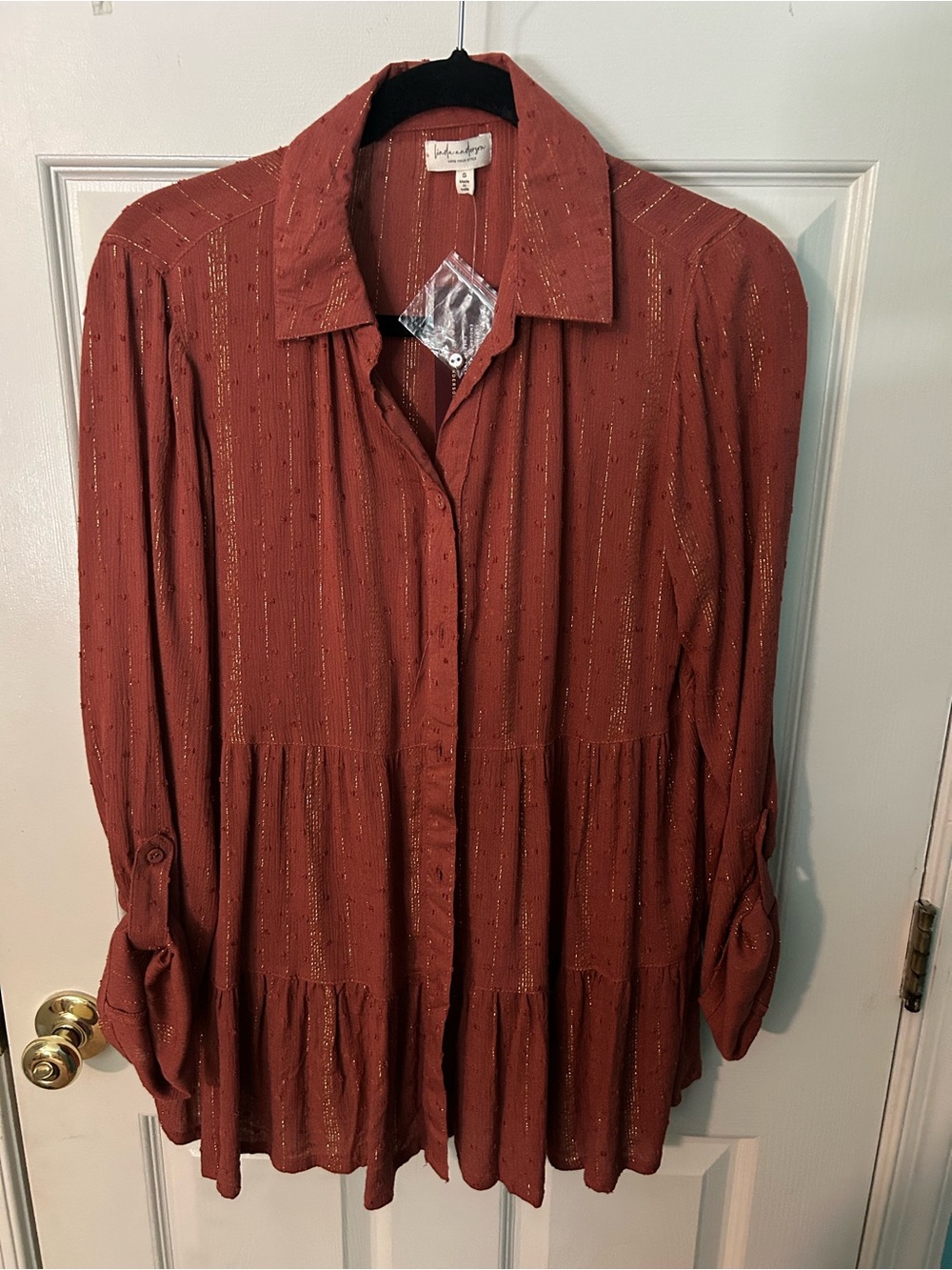 Washed Rust Long-Sleeve Tiered Button-Up Tunic with Metallic Stripe